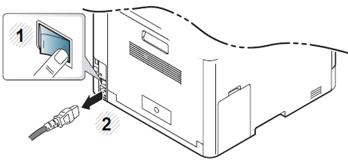 SL-C145x 시리즈 제품 뒷면의 전원스위치를 눌러 끄고 코드를 제거하는 화면