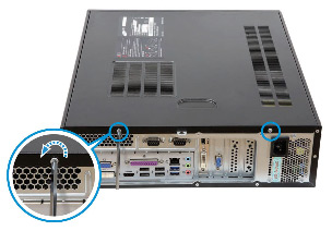 컴퓨터 뒷면의 나사 2개 위치 안내 dm400 슬림형 pc 컴퓨터 뒷면의 나사 2개 위치 안내