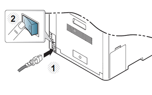 SL-C145x 시리즈 제품 옆면의 폐토너통 덮개를 닫고, 뒷면의 전원코드를 연결한 후 전원스위치를 눌러 켜는 화면