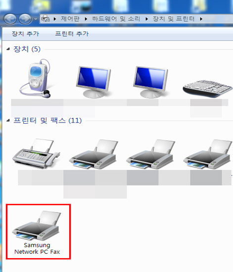 삼성 네트워크 pc fax 드라이버 설치된 화면
