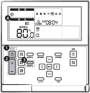 유선리모컨 전원버튼, 온도조절버튼, 현재온도 버튼 위치 안내 이미지