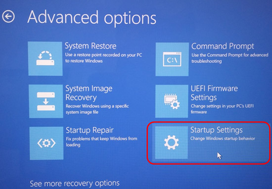 삼성 노트북 윈도우 10 안전모드 진입 5 오른쪽 하단에 보이는 Startup Settings 선택하는 화면