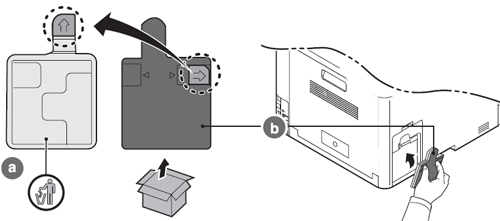 새 폐토너통의 마개를 제거하여 다 쓴 폐토너통의 구명을 막고 폐기하는 예시 화면