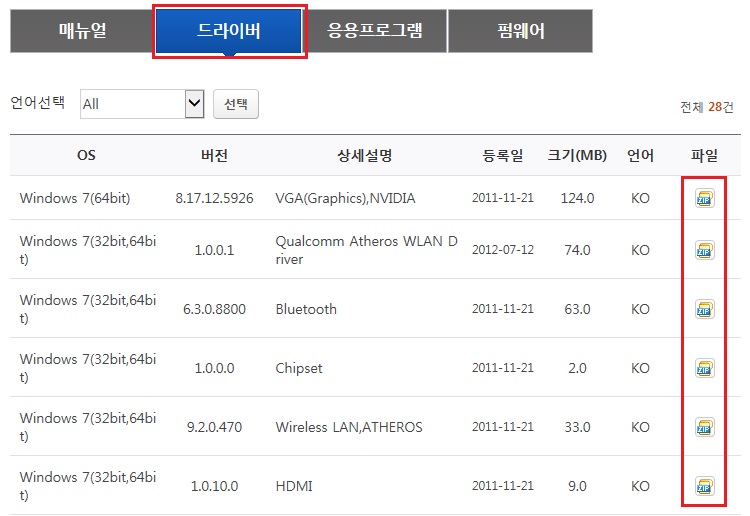 삼성 노트북 윈도우 7 SM 버스 컨트롤러 설치 4 NT-RF710 드라이버 탭 선택하여 윈도우7 칩셋 드라이버 설치 파일 위치 확인 가능한 예시 화면