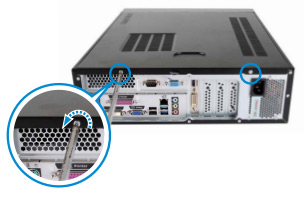 컴퓨터 뒷면의 나사 2개 위치 안내 컴퓨터 뒷면의 나사 2개 위치 안내
