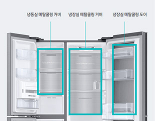 냉동실, 냉장실, 냉장실 도어에 메탈쿨링 커버가 장착된 이미지