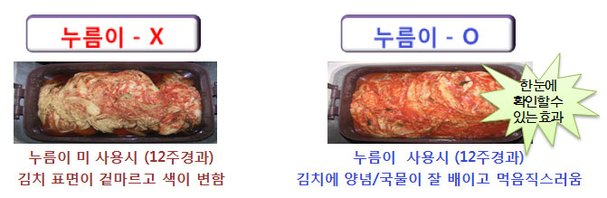 삼성 김치냉장고 스탠드형 아삭 누름이 적용 모델 및 기능 4 누름이 미 사용 시(12주 경과) 김치 표면이 겉마르고 색이 변하고, 누름이 사용 시(12주 경과) 김치에 양념/국물이 잘 배이고 먹음직스러움 표현