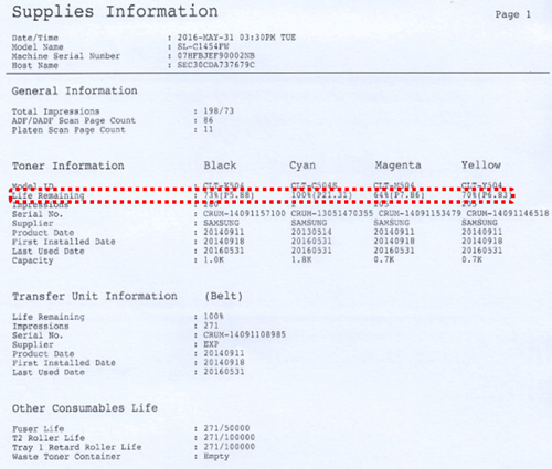 삼성 프린터 SL-C145x 소모품 확인 8 출력된 리포트에서 life remaining에 68 % 남아있는 예시 화면