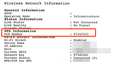 SL-M2074W 조작부에서 스캔하기 위해 네트워크 설정 리포트에 출력된 핀번호 위치 확인이미지