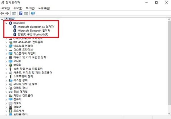 삼성 노트북 블루투스 윈도우10 설정 오류 4 장치관리자에서 블루투스 탭 더블클릭한 화면