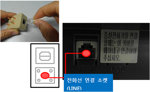 SL-M267x 시리즈 팩스설치 및 사용 안내를 위해  복합기 뒷면에 있는 전화선 연결 소켓에 전화선을 연결하는 예시 화면