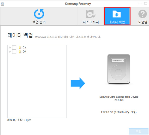 삼성 노트북 Samsung Recovery 7.2 '백업' 15 데이터 백업 클릭화면