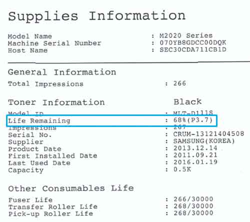 출력된 리포트에서 life remaining에 68 % 남아있는 예시 화면