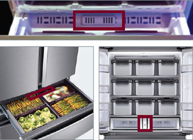 삼성 김치냉장고 스탠드형 메탈 그라운드 지펠아삭 19 김치냉장고 상칸, 중칸, 하칸에 청정탈취기 적용된 내부 이미지