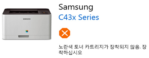 SL-C43x 시리즈 토너 재장착 필요 에러발생할 때 점검하는 방법 - 이지 프린터 매니저화면에 노란색 토너 카트리지가 장착되지 않음. 장착하십시오 라고 표시된 에러 화면
