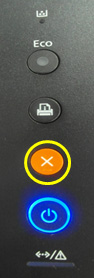 주황색 취소 버튼 위치와 그 아래 청색 표시등 켜진 SL-M262x M282x 시리즈 제품 예시 화면