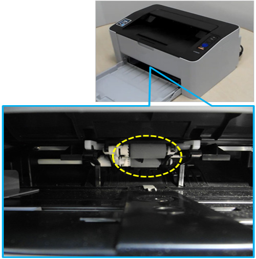 제품 앞면 용지들어가는 입구 천장에 급지롤러가 보이는 위치 화면