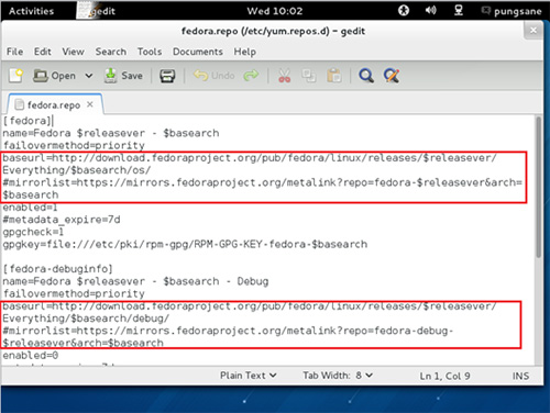 삼성 프린터 리눅스 Xsane 설치 관련 문제 해결 4 ‘mirrorlist’ 줄 앞에 '#' 추가하는 화면