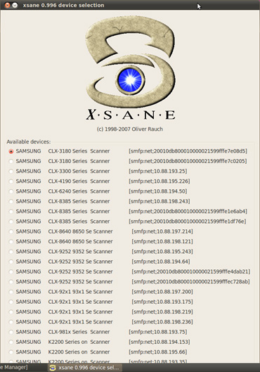 리눅스 Xsane 프로그램에서 스캔 가능한 모델들이 나열되어 보이는 예시화면