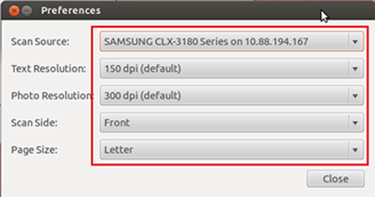삼성 프린터 리눅스 Simple Scan으로 문서 스캔 4 clx-3180 스캐너 장치로 선택하고 해상도 및 용지 사이즈 설정한 화면