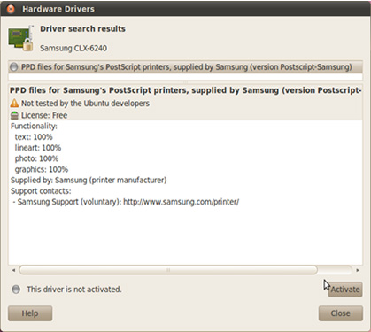 삼성 프린터 Samsung Unified Linux Driver 추가 6 드라이버 자동 찾아주는 화면으로 오른쪽 하단에 activate 버튼 선택 가능한 화면