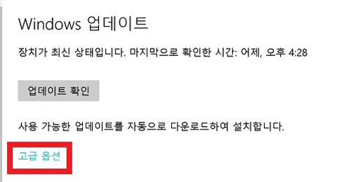 삼성 노트북 갤럭시 탭프로S 윈도우10 SW 업데이트 6 왼쪽 하단에 고급 옵션을 선택하는 화면