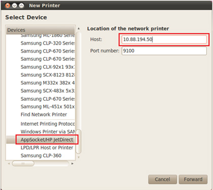 삼성 프린터 Samsung Unified Linux Driver 추가 5 AppSocket/HP JetDirect 선택 후 host에 ip주소 입력하는 화면
