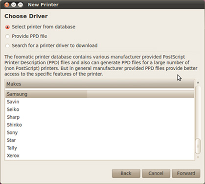 삼성 프린터 Samsung Unified Linux Driver 추가 7 첫번째 데이터베이스 목록에서 삼성 모델명 수동으로 선택하는 화면