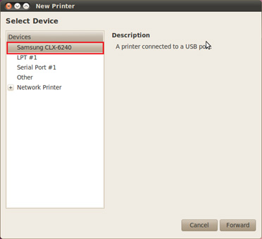 삼성 프린터 Samsung Unified Linux Driver 추가 4 왼쪽 상단에 보이는 프린터 devices 선택 후 오른쪽 하단에 forward 버튼 선택 화면