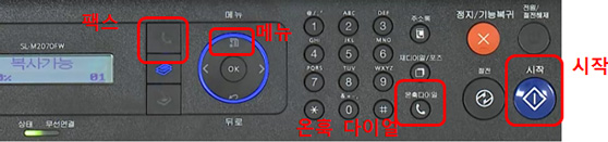 SL-M267x 시리즈  복합기 조작부에 왼쪽에 팩스버튼, 오른쪽에 메뉴, 더 오른쪽에 온훅다이얼버튼, 그 옆에 시작버튼 위치 안내 화면