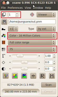 스캔매수, 컬러 16비트 등 선택하는 화면