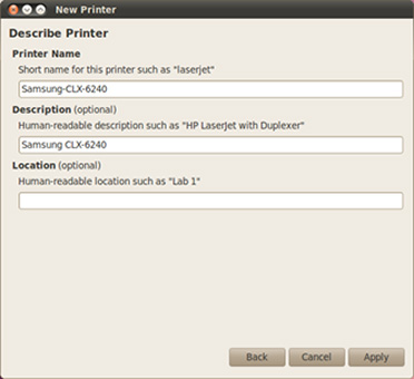 삼성 프린터 Samsung Unified Linux Driver 추가 9 프린터 이름 clx-6240으로 설정하고 오른쪽 하단에 apply 버튼 선택 화면