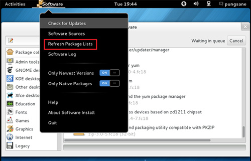 삼성 프린터 리눅스 Xsane 설치 관련 문제 해결 5 Refrech Package Lists 클릭 후 Xsane 검색하는 화면