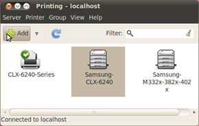 삼성 프린터 Samsung Unified Linux Driver 추가 3 왼쪽 상단에 add버튼을 선택하는 화면