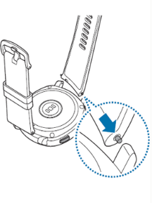 교체하려는 밴드의 스프링 막대 한쪽 끝을 갤럭시 워치의 홈에 끼우세요.