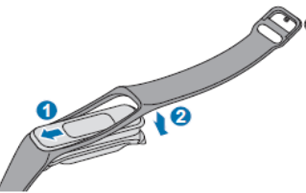 한 쪽 홈에 끼우고 반대쪽 밴드 연결부를 살짝 잡아당겨 늘린 후 갤럭시 핏ⓔ의 다은 쪽 홈에 끼우세요.
